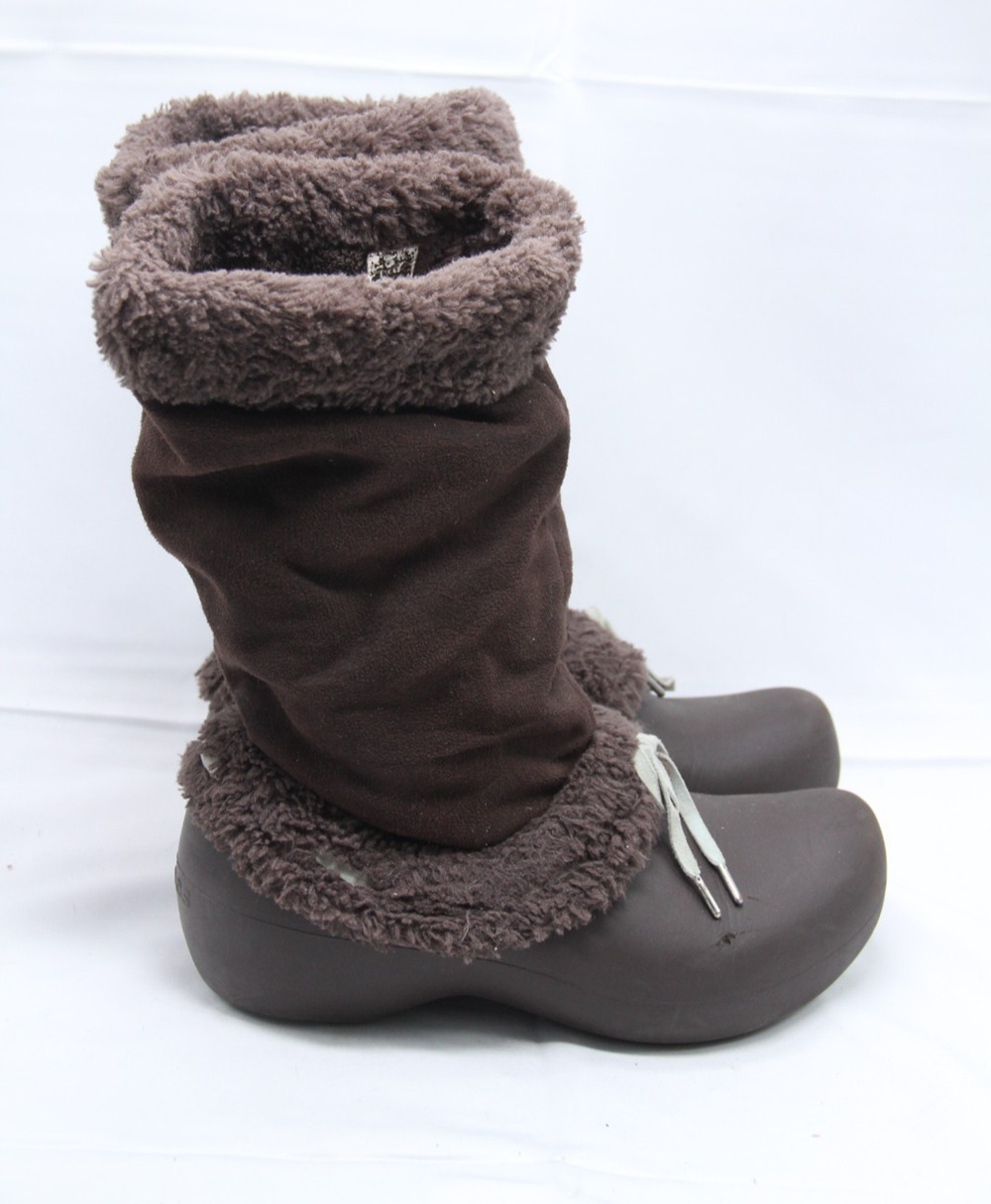Crocs Nadia Boots Womens Size 8 Brown Sherpa Faux Fur Lined Pull On